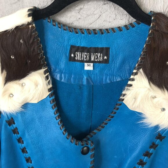 Silver Mesa Vest Womens Medium Blue Leather Cowhide Rhinestone Western Boho - Picture 13 of 16